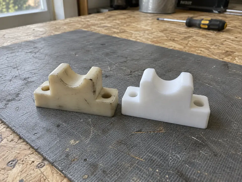 A printed replacement beside the worn original part