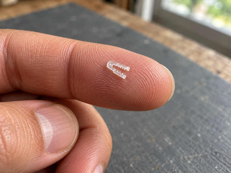 The same micro-jaw resting on one fingertip.